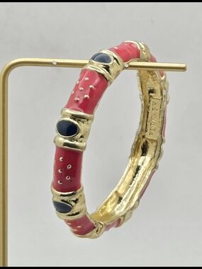 Fornash Vintage Gold Tone Pink & Navy Blue Enamel Hinged Bangle Bracelet